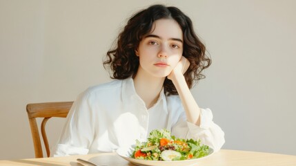 woman with curly hair sitting at a table with salad.