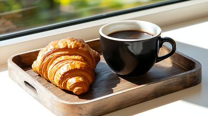 A croissant and a cup of coffee sit on a wooden tray. generated using AI