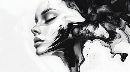 Fototapeta premium Woman's face is painted with black and white colors. The painting is abstract and has a moody, mysterious feel to it