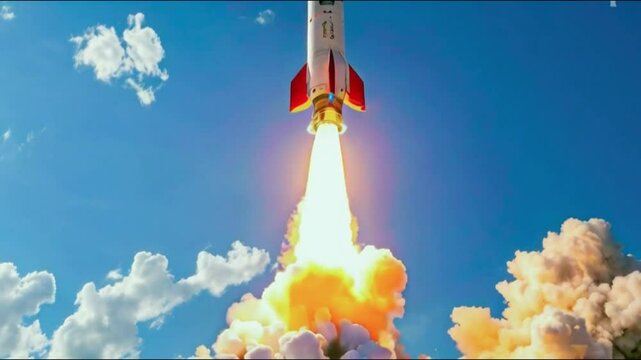 Powerful rocket launch with fiery thrust against blue sky.
