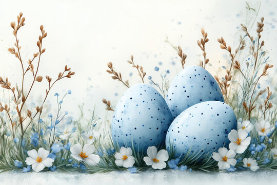Happy easter template with blue, white rustic floral eggs, dotted background. Vector illustration. Design layout for invitation, card, menu, flyer, banner, poster, voucher. 
