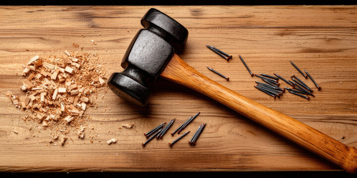 heavy duty hammer rests on wooden surface with scattered nails and wood shavings, showcasing classic woodworking scene - Powered by Adobe