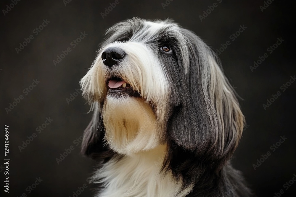 Poster close-up photo of a dog against a dark backdrop, suitable for use in pet-related or design projects