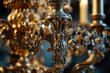 Fototapeta premium A detailed view of a ornate chandelier lit by candles