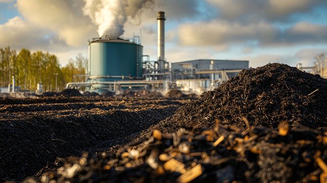 Pile of compost on the background of a large industrial building.