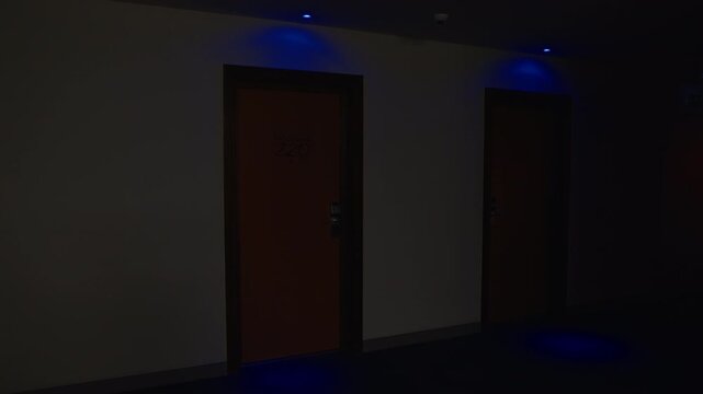 Emergency lights casting blue glow across empty hotel corridor, revealing closed brown doors in dark, mysterious nighttime interior with haunting stillness and suspenseful atmosphere