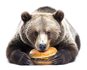 A brown bear is holding a hamburger to eat