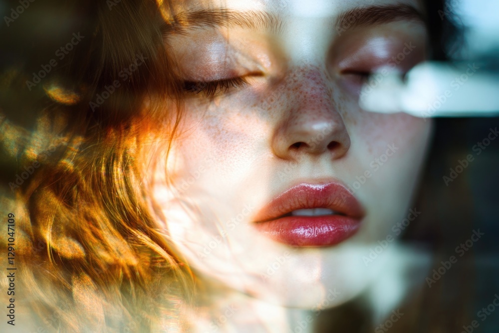 Poster a close-up shot of a woman's face with her eyes closed, ideal for use in personal or professional pr