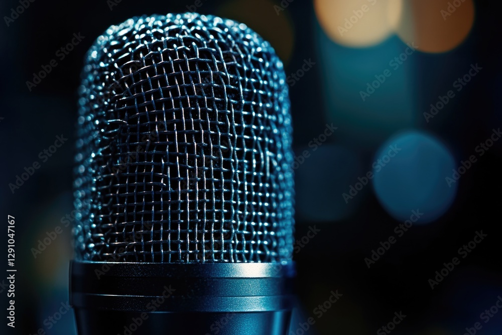 Poster a detailed view of a microphone with a blurred background, ideal for music-related uses