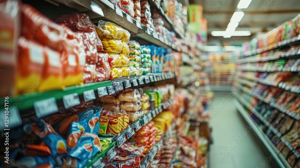 Poster Grocery store shelf stocked with various food items, ideal for use in advertisements or editorial content