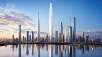 Fototapeta premium A modern skyline with tall glass skyscrapers reflecting in a calm body of water under a bright blue sky at sunset.