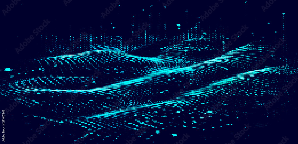 Poster Vector illustration of a swirling waves made from dots, creating a dynamic sense of movement. Blue tones and digital style evoke a futuristic, cosmic feel, blending art and technology.