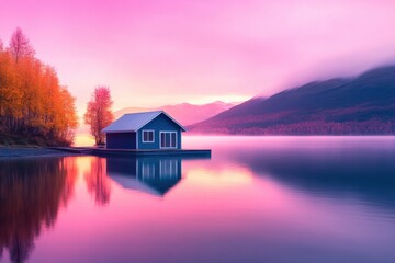Fototapeta premium Colorful floating house on a tranquil lake surrounded by scenic mountains and vibrant trees at sunrise