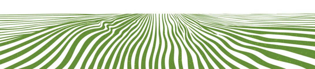 Green grass field on small hills. Meadow, alkali, lye, grassland, pommel, lea, pasturage, farm. Rural scenery landscape panorama of countryside pastures. Vector sketch line illustration