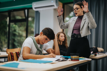 A teacher enthusiastically engages with students during a class. A focused student writes notes,...