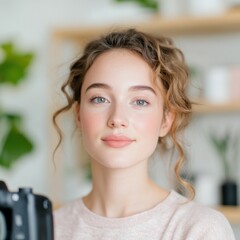 Naklejka premium Portrait of a young woman holding a camera