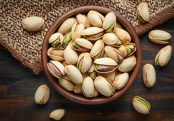 A Close-Up View of Roasted Pistachios in a Wooden Bowl on a Cozy Textured Surface