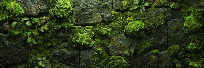 3d background minimalistic mockup with space for text, vibrant green moss covering ancient stone ruins