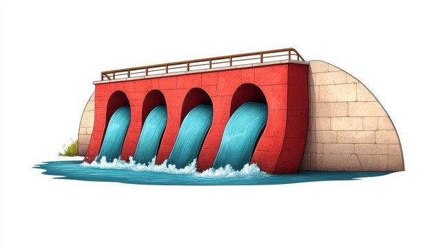 Red Brick Dam with Multiple Arches Releasing Water