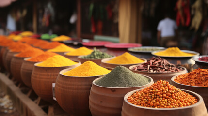 Fototapeta premium Vibrant spices in wooden bowls at Indian market create colorful display