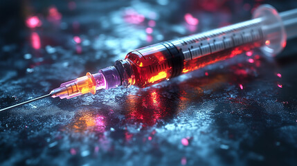 Macro shot of syringe with liquid in red and blue colors for medical injection
