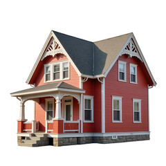 Red house with a porch and gingerbread trim, transparent background