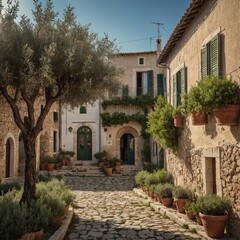 Fototapeta premium A charming Italian village with olive trees, grassy patios, and whitewashed homes.
