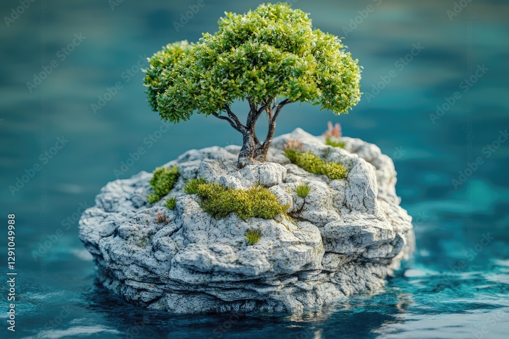 Poster a small tree sits atop a rock partially submerged in water, offering a serene natural scene
