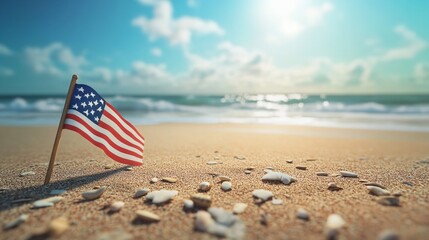American flag on sandy beach during Memorial Day celebration by the ocean.