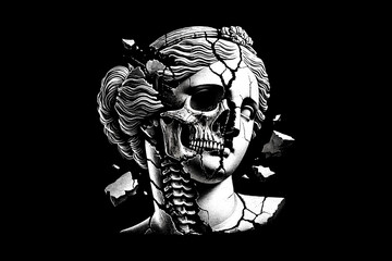 Classical Sculpture and Skeletal on a Fragmented Surface dark art black and white illustration design