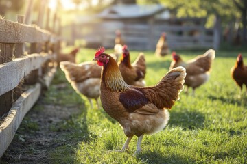 Fototapeta premium Chickens grazing in sunlit farmyard with rustic wooden fencing and lush green grass