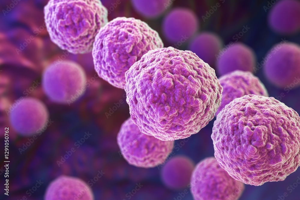 Poster A group of small, spherical objects with white spots on a purple background