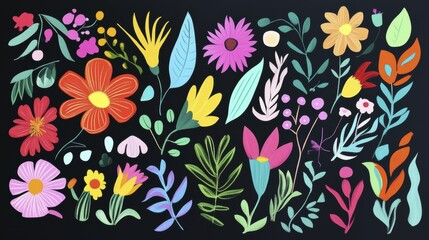 Obraz premium Colorful floral pattern with various leaves and flowers on black background
