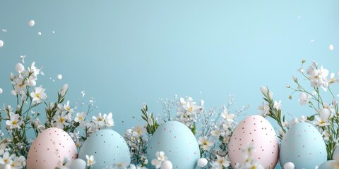 3d background minimalistic mockup with space for text, soft-focus floral arrangement surrounding elegant pastel Easter eggs