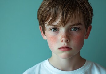 Serious young boy with expressive face and freckles against a soft turquoise backdrop in a minimalist interior setting showcasing his emotion and character