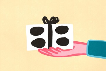 Hand presenting a stylized dotted gift illustration