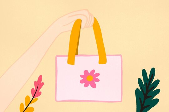 Hand holding a floral tote bag in a minimalist illustration