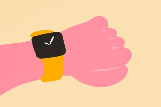 Cartoon hand wearing a watch on a simple background