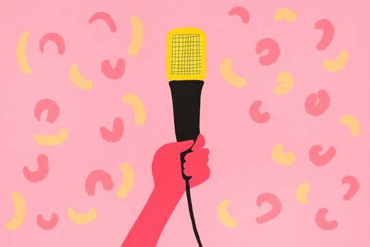Hand holding a microphone in a whimsical pink illustration