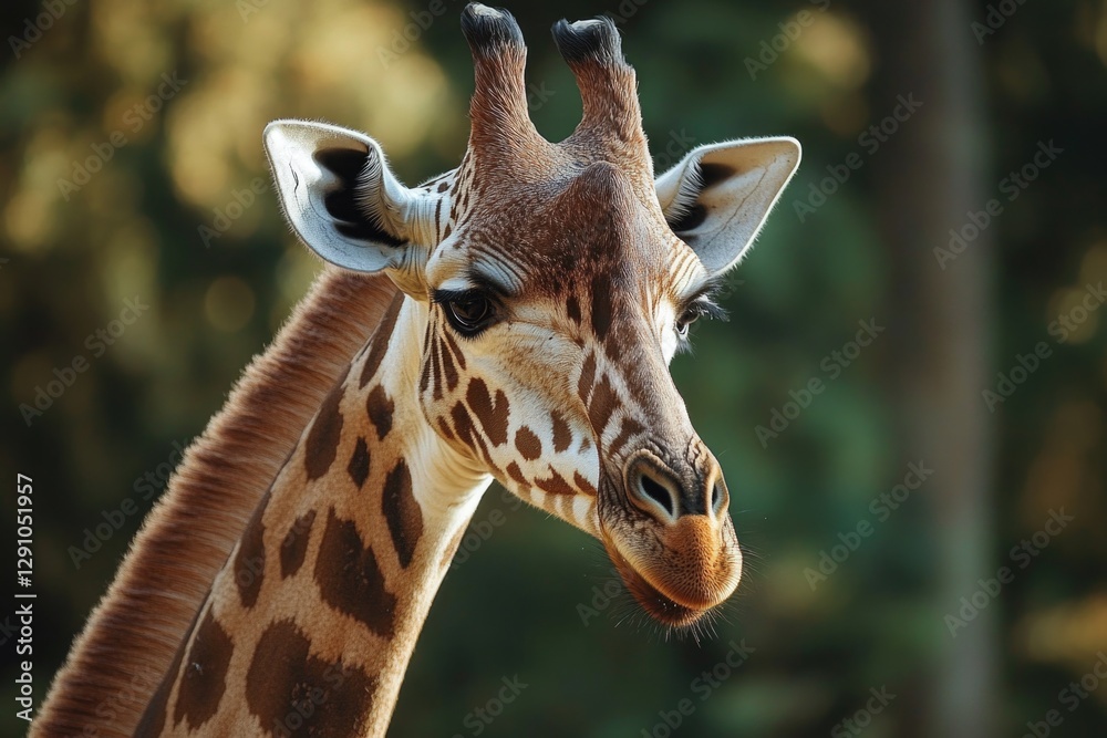 Poster close-up view of a giraffe's head surrounded by trees