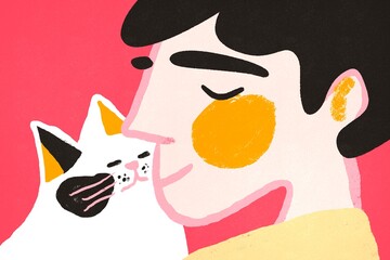 Man sharing a loving moment with his colorful pet cat