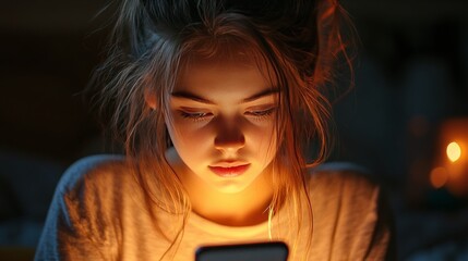 A teenage girl with her hair pulled back, the light from her phone accentuating her thoughtful expression