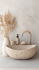 A chic bathroom features a natural stone sink, sleek faucet, minimal accessories, and dried flowers, all in a calming neutral setting