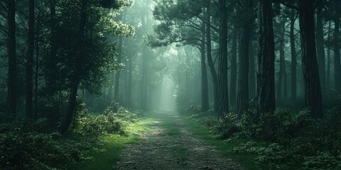 Obraz premium 3d background minimalistic mockup with space for text, deep forest path surrounded by tall trees with misty light filtering through