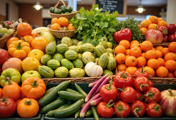 Bright assortment of organic fruits and vegetables on a farmer's market stand