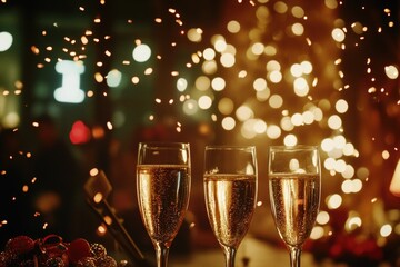 Three champagne glasses next to a Christmas tree, perfect for a holiday gathering