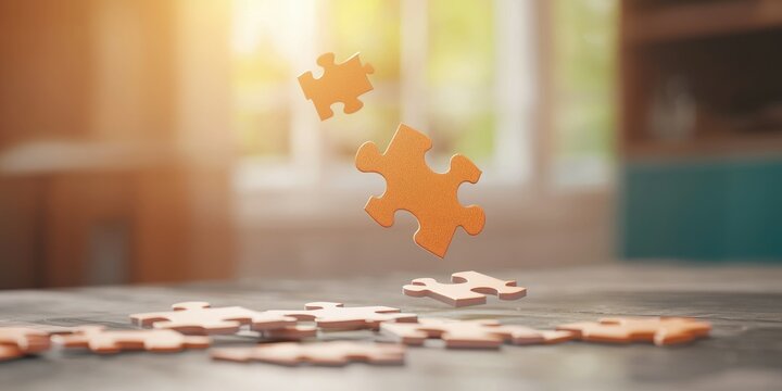 A close-up of floating puzzle pieces in a sunlit room, emphasizing creativity and problem-solving in a serene atmosphere.