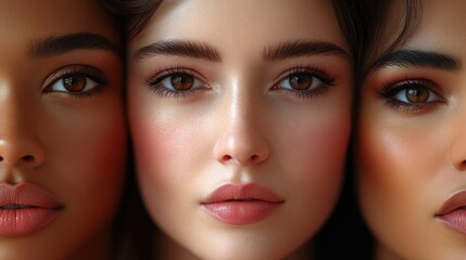 A group portrait of three women with distinct eye colors, showcasing individuality and diversity