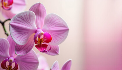 Obraz premium Close-up of pink orchid flowers against soft background, March 8, International Women's Day, Mother's Day, Valentine's Day