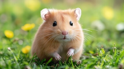 Fototapeta na wymiar A small hamster standing in a green grassy area